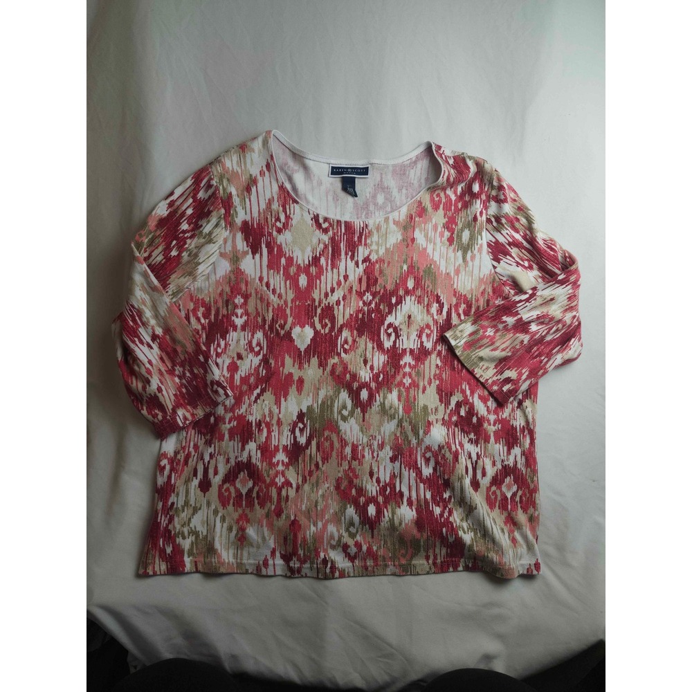 Karen Scott Woman 2X Red Ikat Abstract Print‎ 3/4 Sleeve Knit Top Scoop Neck